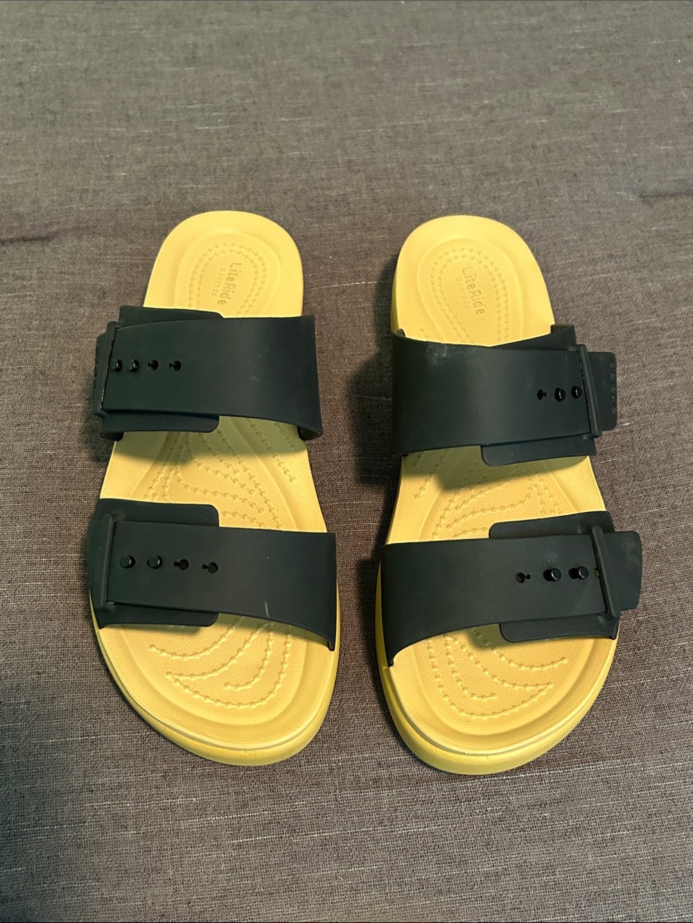 CROCS Two-Strap Slide Sandals in Black and Yellow